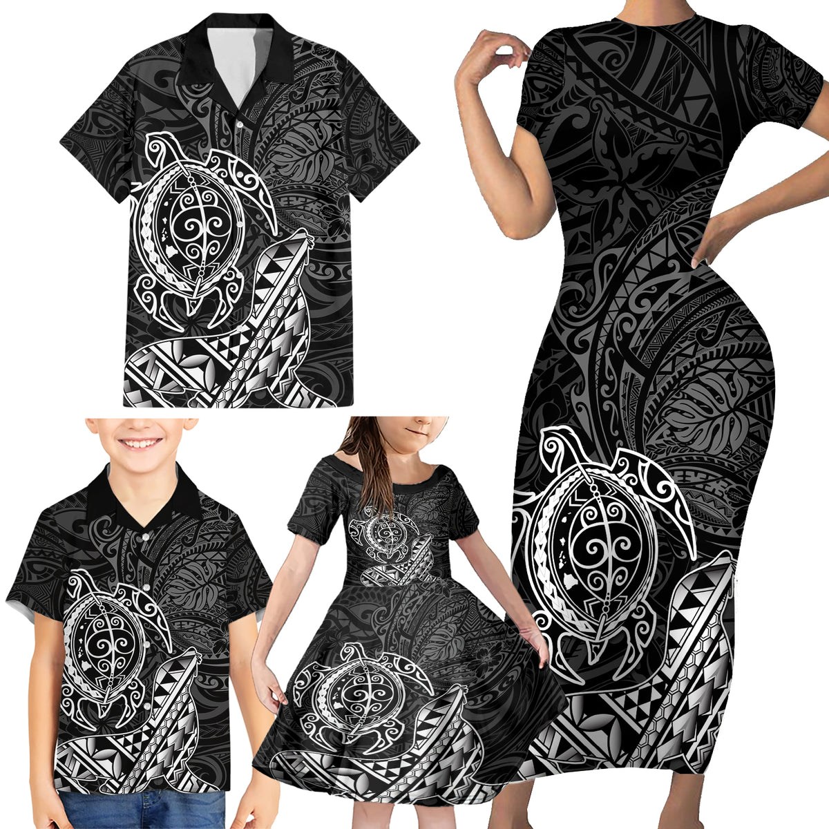 Hawaii Monk Seal and Dolphin Family Matching Short Sleeve Bodycon Dress and Hawaiian Shirt Polynesian Kakau Pattern Black White Color LT03 - Polynesian Pride