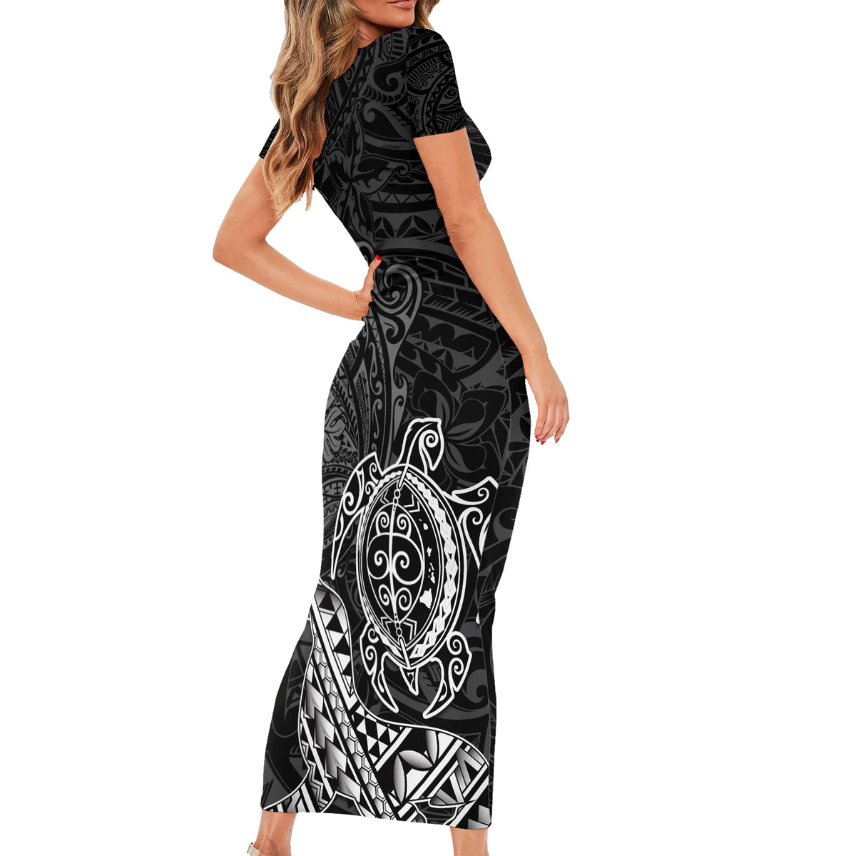 Hawaii Monk Seal and Dolphin Family Matching Short Sleeve Bodycon Dress and Hawaiian Shirt Polynesian Kakau Pattern Black White Color LT03 - Polynesian Pride