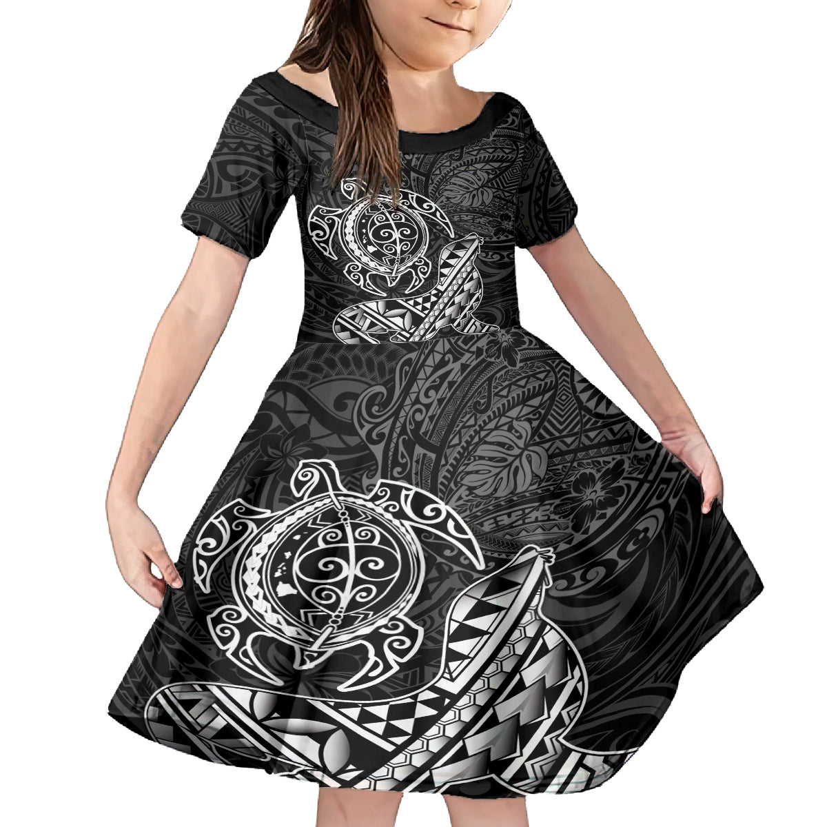 Hawaii Monk Seal and Dolphin Family Matching Tank Maxi Dress and Hawaiian Shirt Polynesian Kakau Pattern Black White Color LT03 Daughter's Dress Black - Polynesian Pride