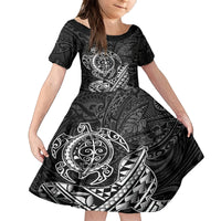 Hawaii Monk Seal and Dolphin Family Matching Tank Maxi Dress and Hawaiian Shirt Polynesian Kakau Pattern Black White Color LT03 Daughter's Dress Black - Polynesian Pride