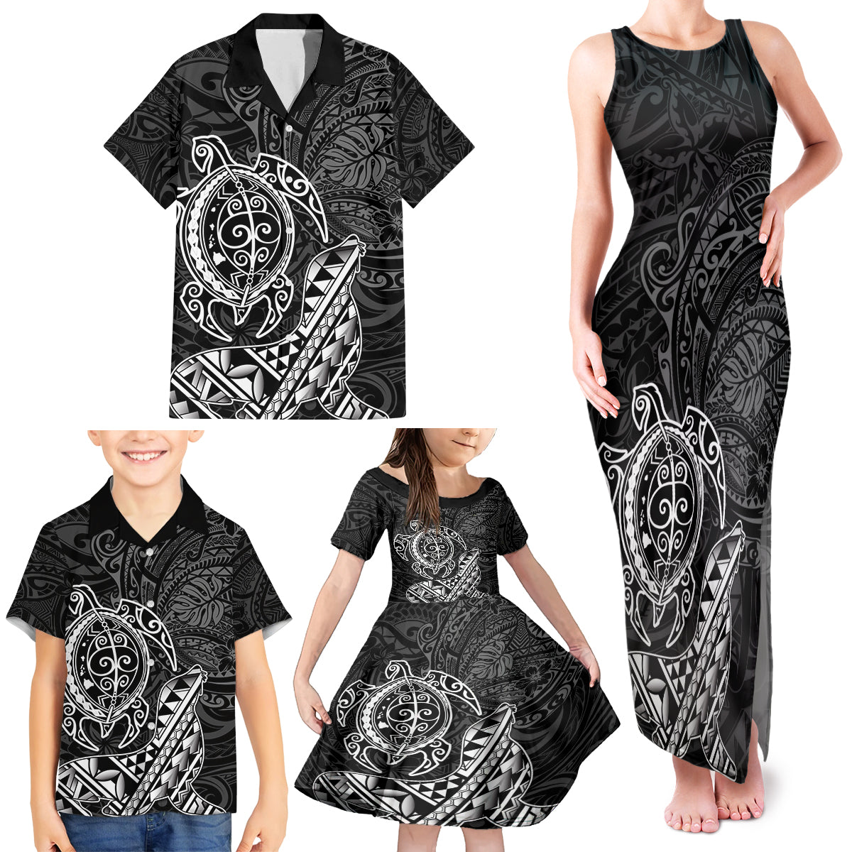 Hawaii Monk Seal and Dolphin Family Matching Tank Maxi Dress and Hawaiian Shirt Polynesian Kakau Pattern Black White Color LT03 - Polynesian Pride