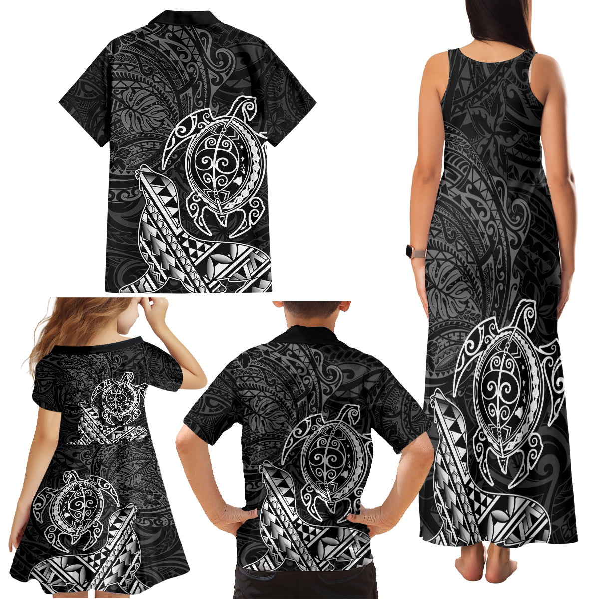 Hawaii Monk Seal and Dolphin Family Matching Tank Maxi Dress and Hawaiian Shirt Polynesian Kakau Pattern Black White Color LT03 - Polynesian Pride