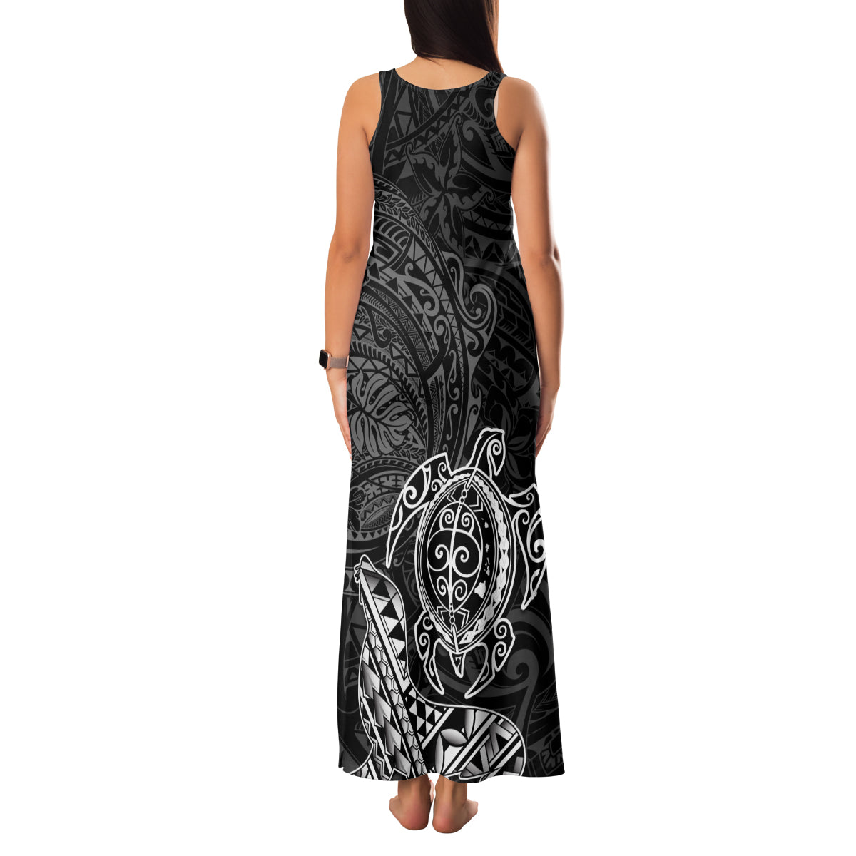 Hawaii Monk Seal and Dolphin Family Matching Tank Maxi Dress and Hawaiian Shirt Polynesian Kakau Pattern Black White Color LT03 - Polynesian Pride