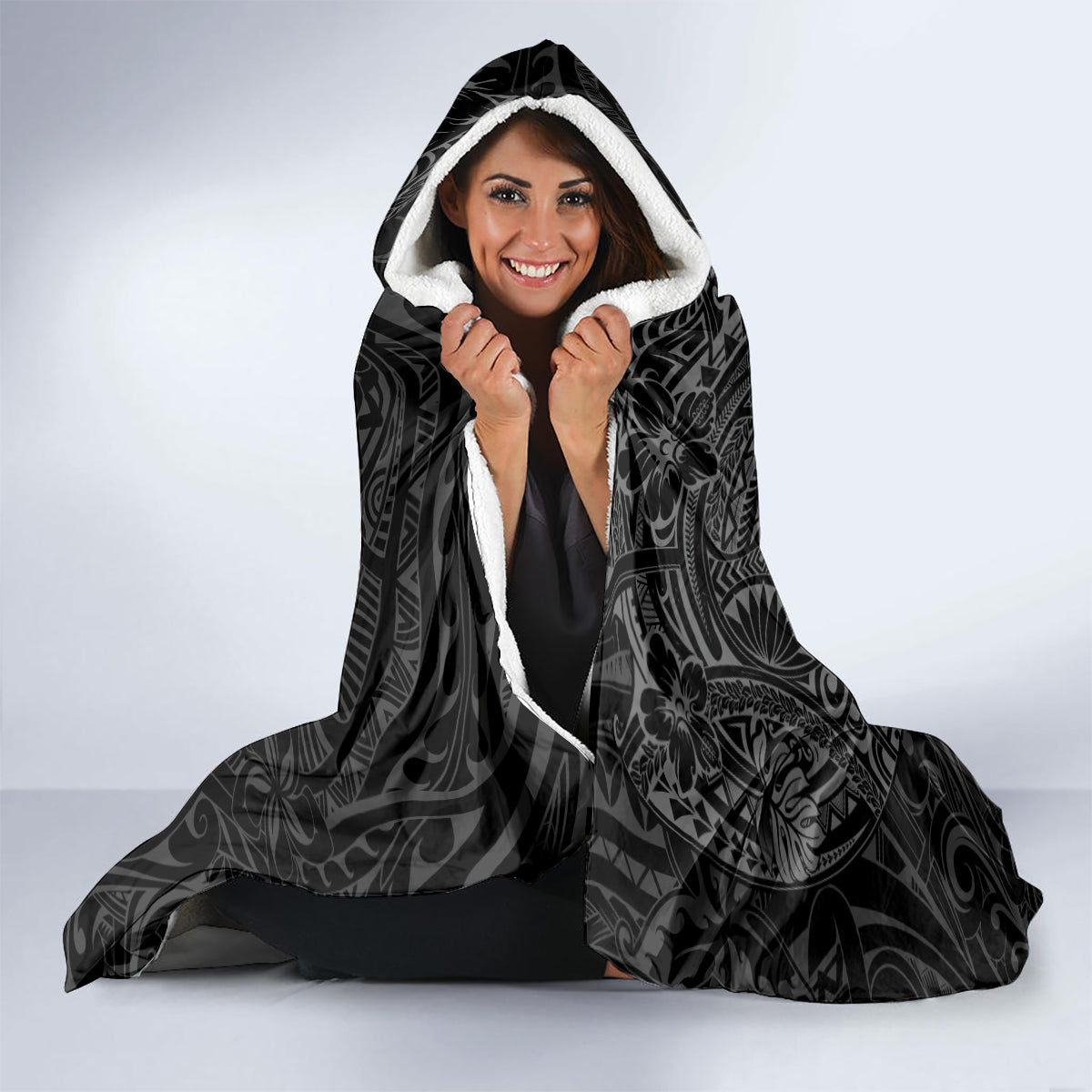Hawaii Monk Seal and Dolphin Hooded Blanket Polynesian Kakau Pattern Black White Color