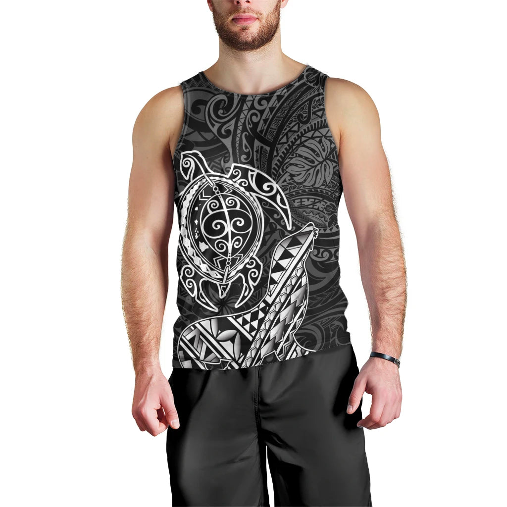 Hawaii Monk Seal and Dolphin Men Tank Top Polynesian Kakau Pattern Black White Color