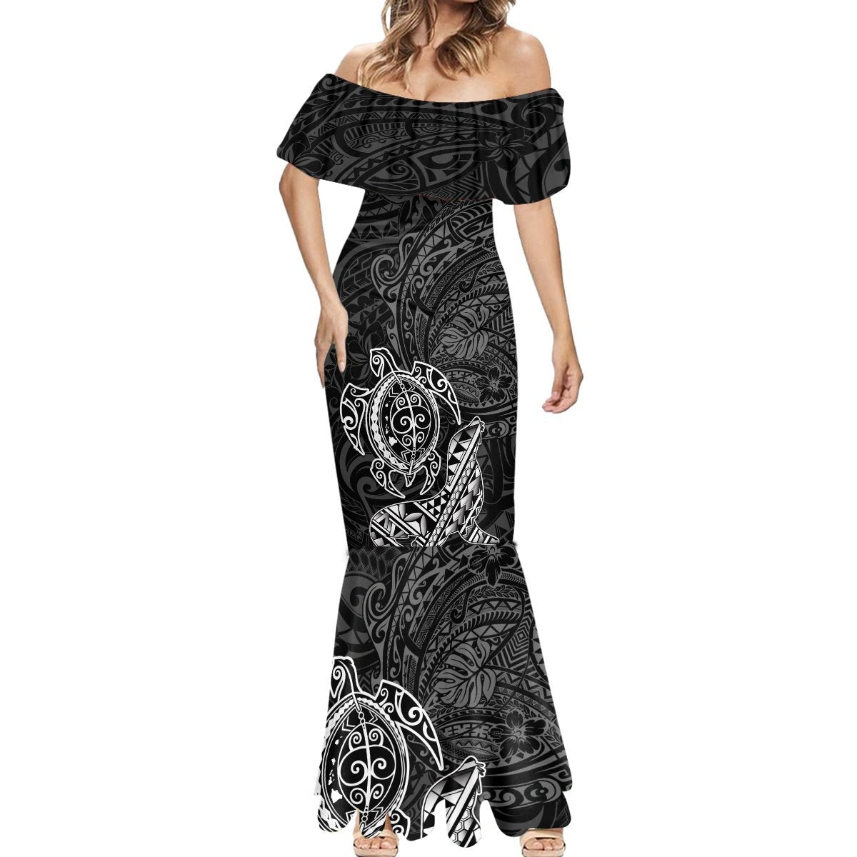 Hawaii Monk Seal and Dolphin Mermaid Dress Polynesian Kakau Pattern Black White Color LT03 - Polynesian Pride