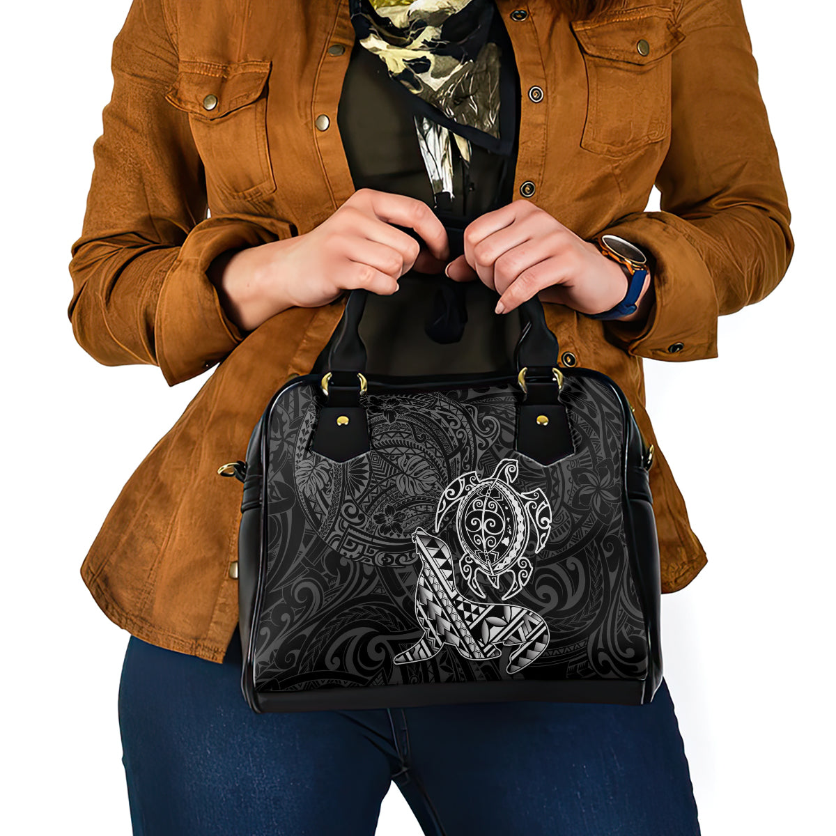 Hawaii Monk Seal and Dolphin Shoulder Handbag Polynesian Kakau Pattern Black White Color