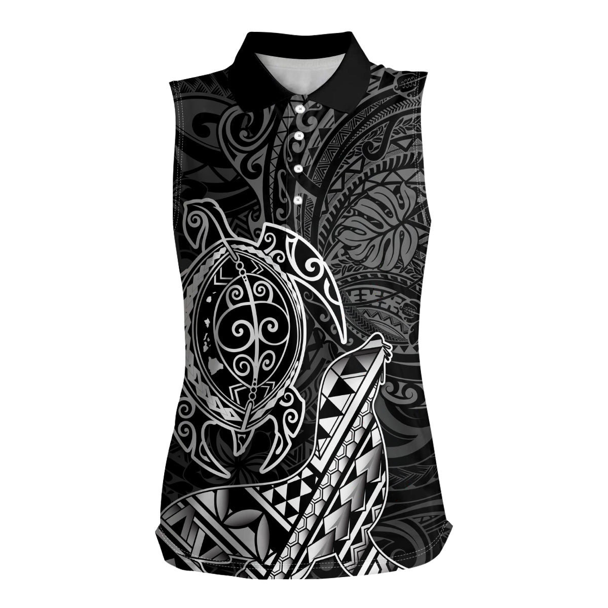 Hawaii Monk Seal and Dolphin Women Sleeveless Polo Shirt Polynesian Kakau Pattern Black White Color