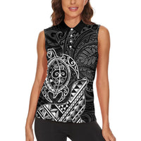 Hawaii Monk Seal and Dolphin Women Sleeveless Polo Shirt Polynesian Kakau Pattern Black White Color