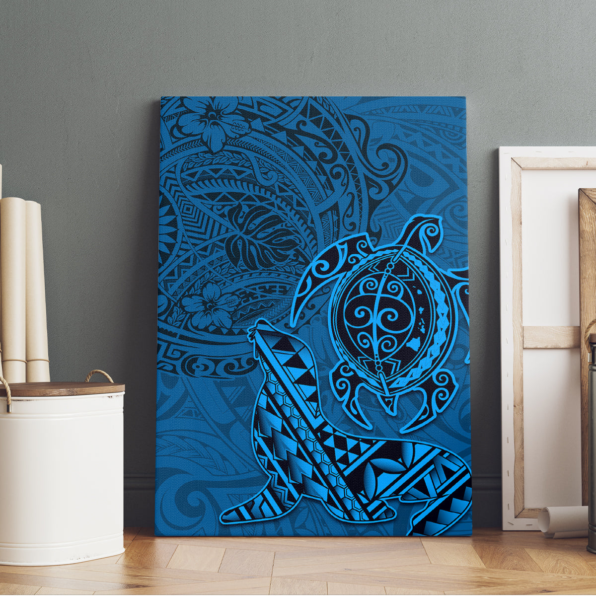 Hawaii Monk Seal and Dolphin Canvas Wall Art Polynesian Kakau Pattern Blue