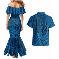 Hawaii Monk Seal and Dolphin Couples Matching Mermaid Dress and Hawaiian Shirt Polynesian Kakau Pattern Blue