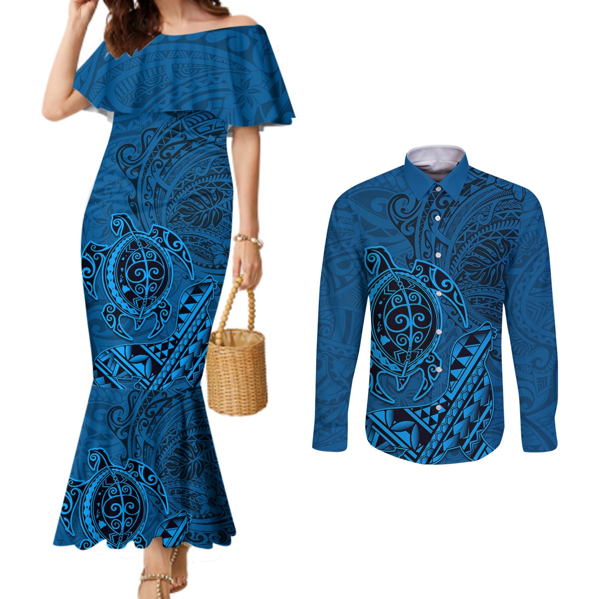 Hawaii Monk Seal and Dolphin Couples Matching Mermaid Dress and Long Sleeve Button Shirt Polynesian Kakau Pattern Blue