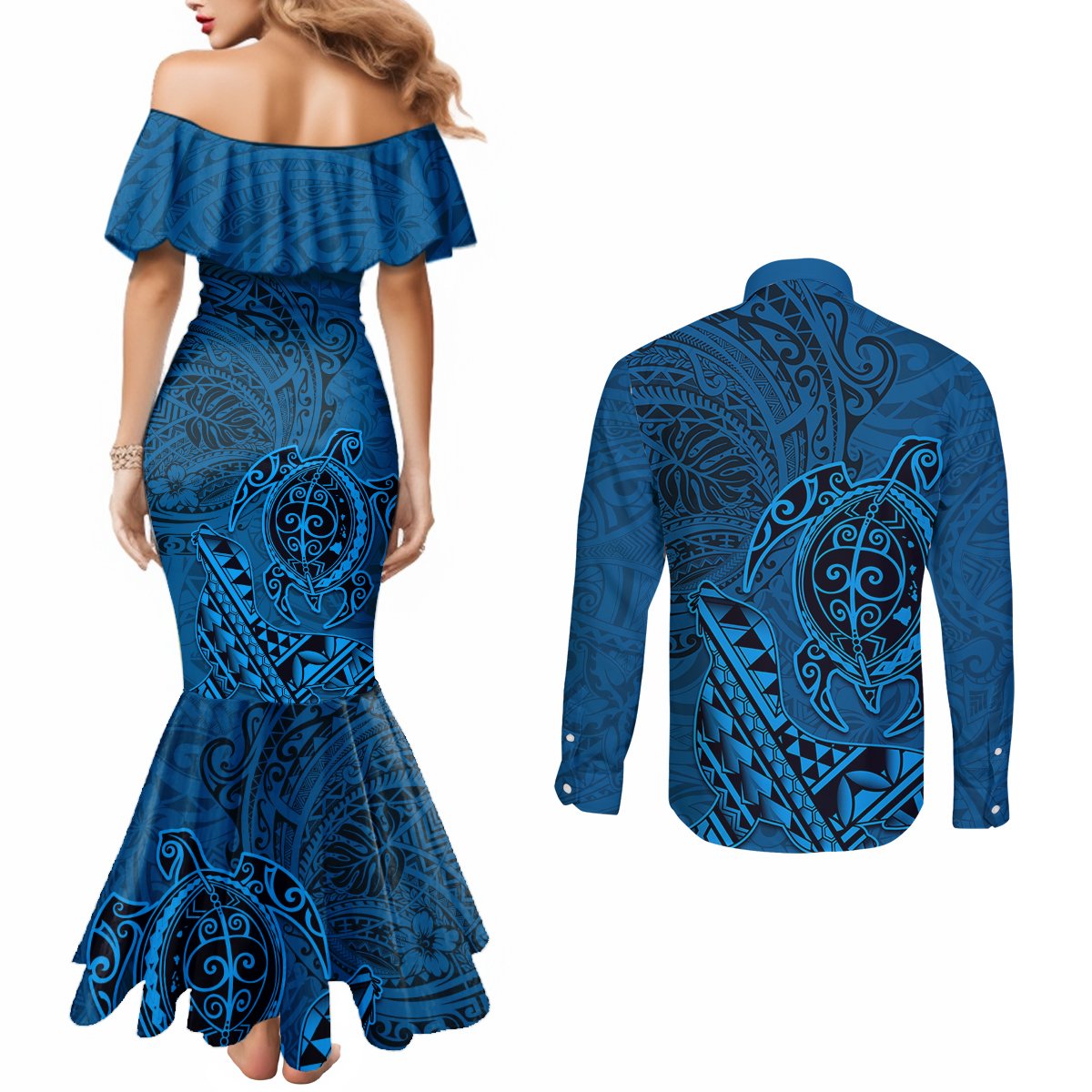 Hawaii Monk Seal and Dolphin Couples Matching Mermaid Dress and Long Sleeve Button Shirt Polynesian Kakau Pattern Blue