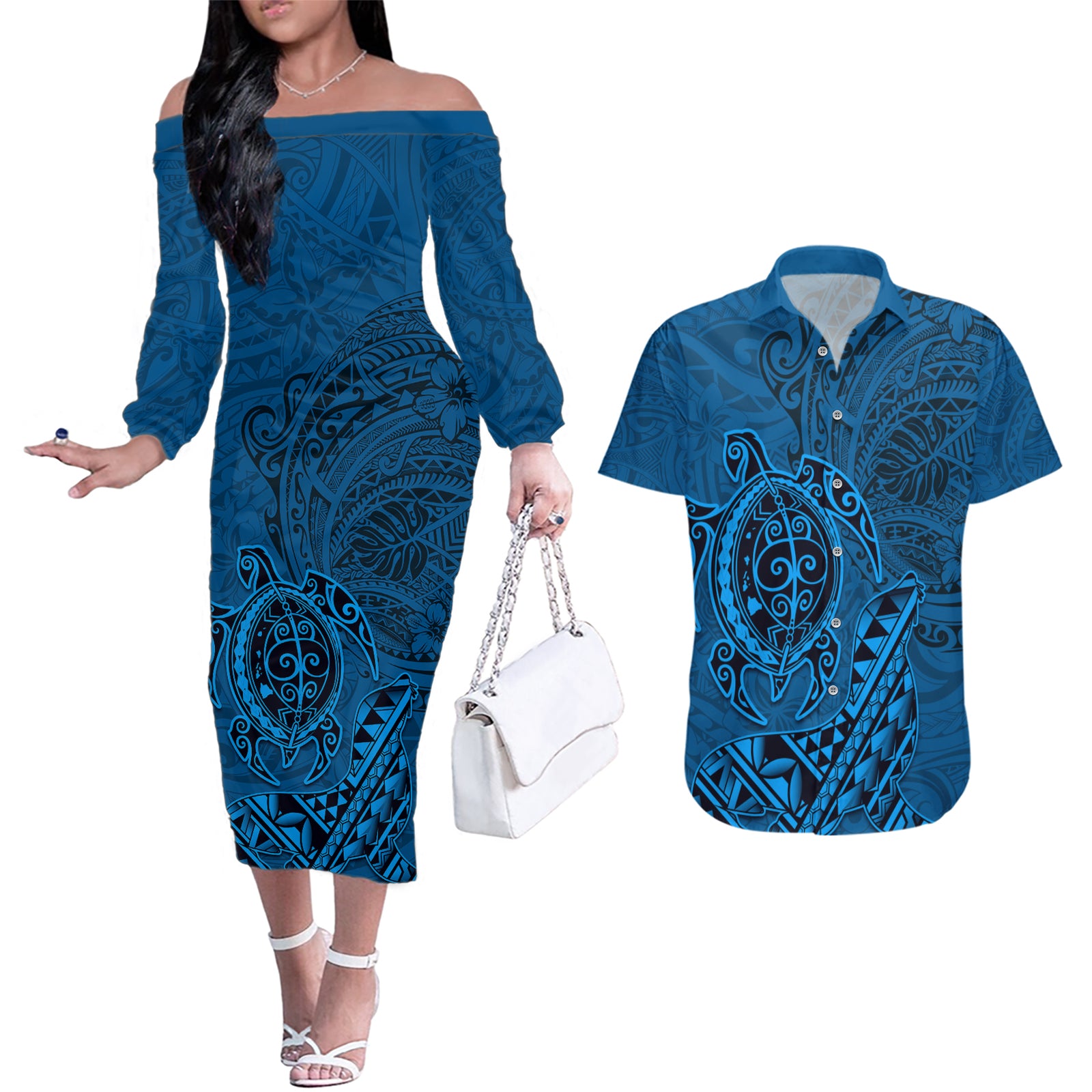 Hawaii Monk Seal and Dolphin Couples Matching Off The Shoulder Long Sleeve Dress and Hawaiian Shirt Polynesian Kakau Pattern Blue