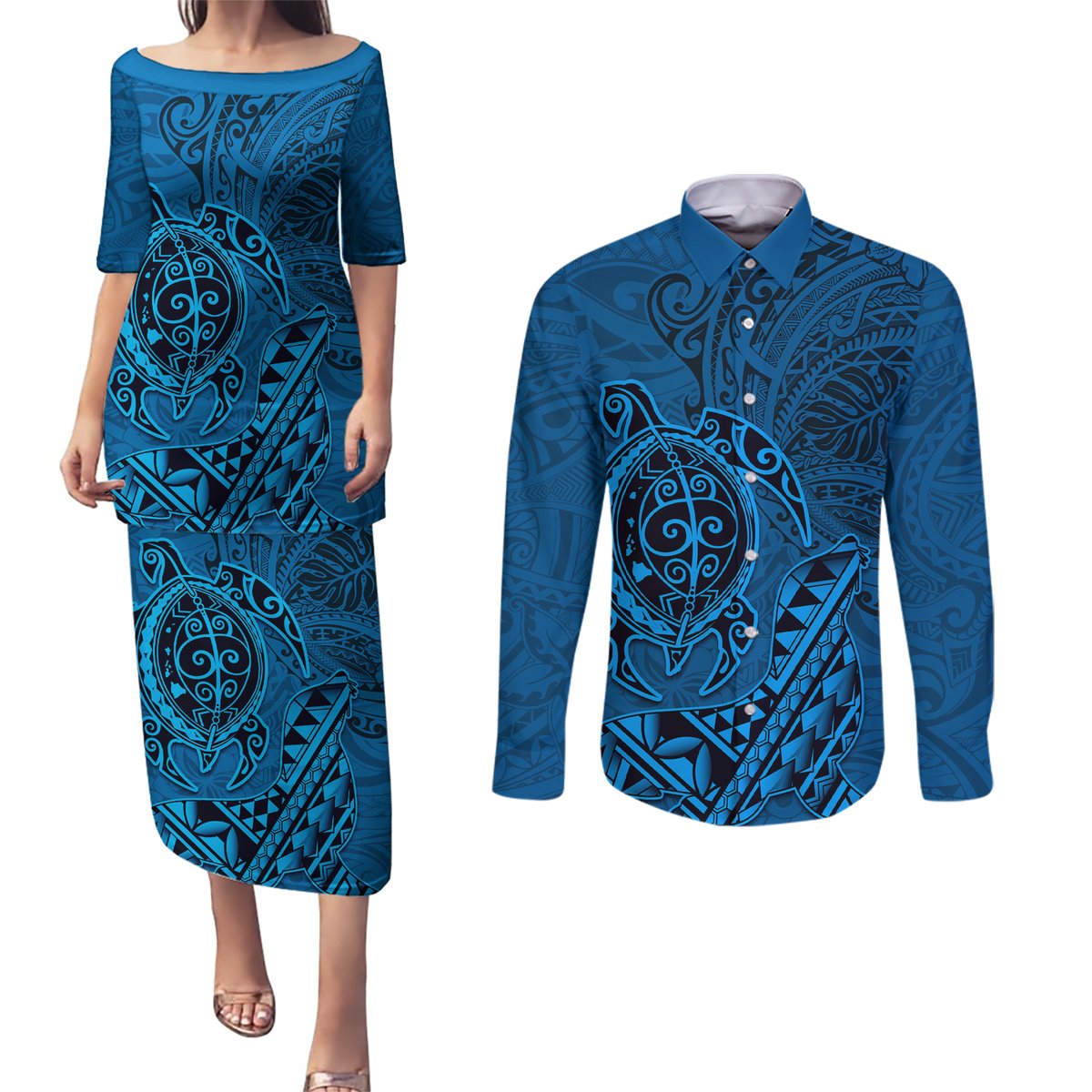 Hawaii Monk Seal and Dolphin Couples Matching Puletasi and Long Sleeve Button Shirt Polynesian Kakau Pattern Blue