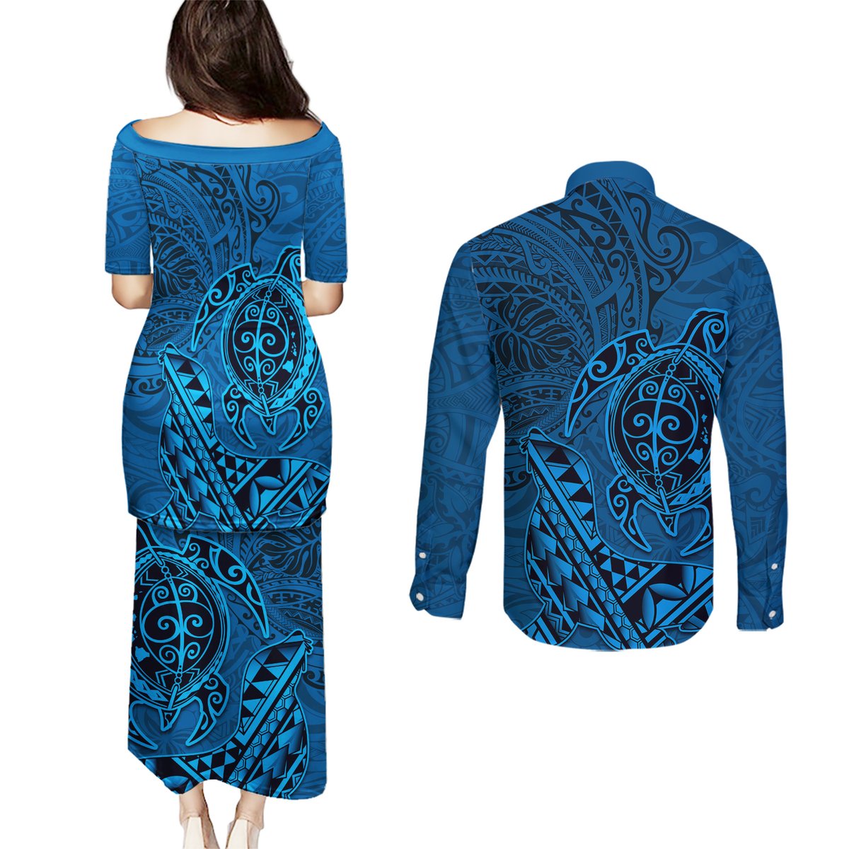 Hawaii Monk Seal and Dolphin Couples Matching Puletasi and Long Sleeve Button Shirt Polynesian Kakau Pattern Blue