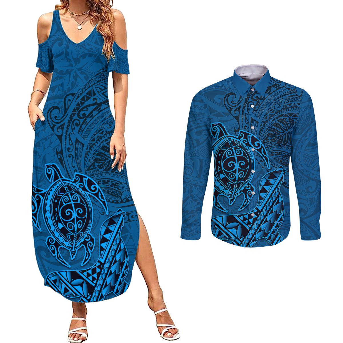 Hawaii Monk Seal and Dolphin Couples Matching Summer Maxi Dress and Long Sleeve Button Shirt Polynesian Kakau Pattern Blue