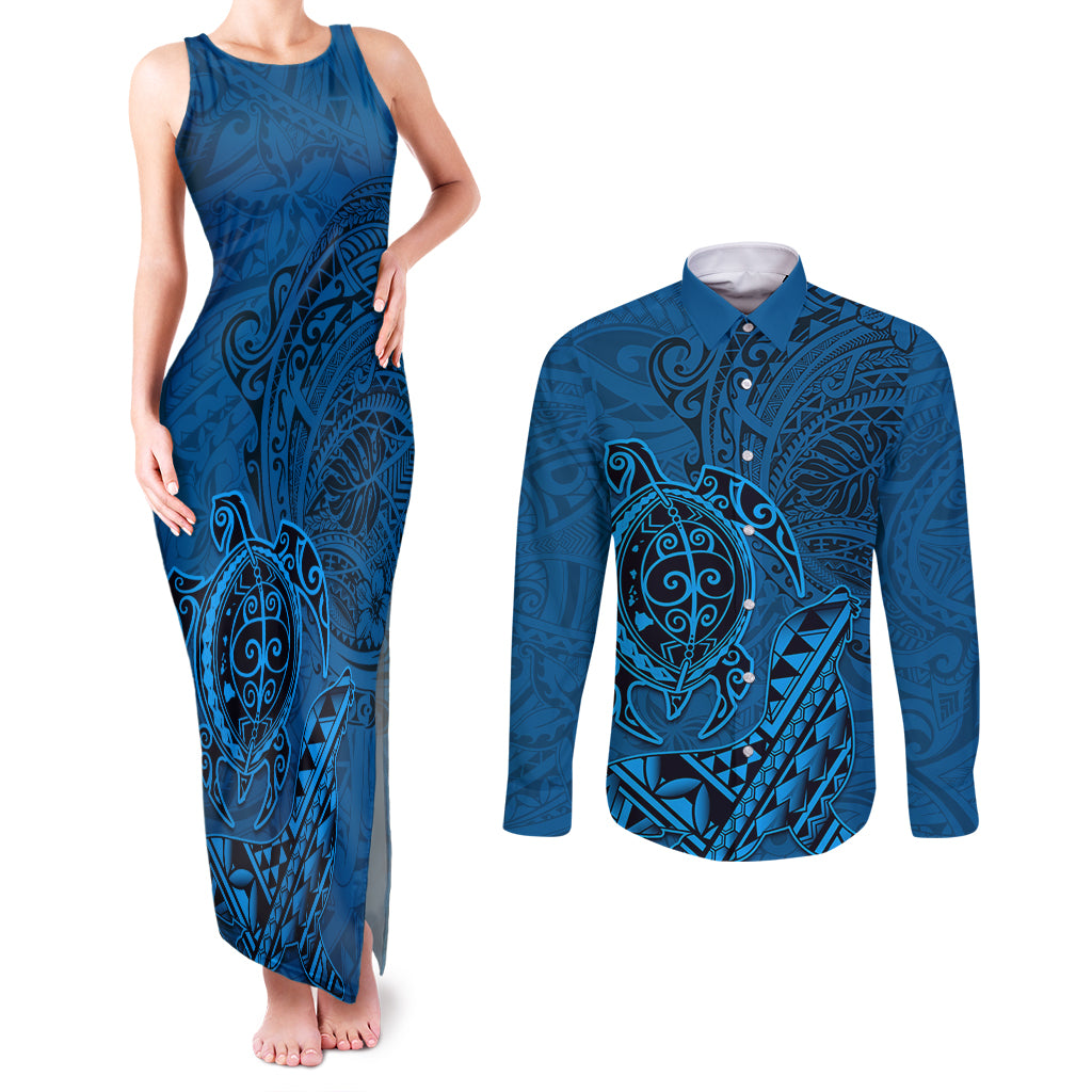 Hawaii Monk Seal and Dolphin Couples Matching Tank Maxi Dress and Long Sleeve Button Shirt Polynesian Kakau Pattern Blue