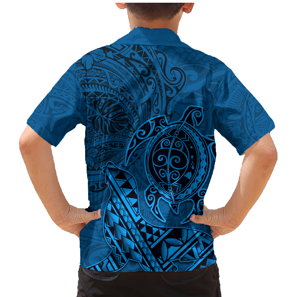 Hawaii Monk Seal and Dolphin Family Matching Mermaid Dress and Hawaiian Shirt Polynesian Kakau Pattern Blue