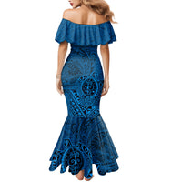 Hawaii Monk Seal and Dolphin Family Matching Mermaid Dress and Hawaiian Shirt Polynesian Kakau Pattern Blue