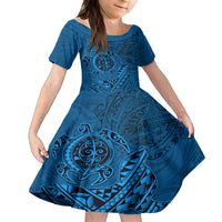 Hawaii Monk Seal and Dolphin Family Matching Off The Shoulder Long Sleeve Dress and Hawaiian Shirt Polynesian Kakau Pattern Blue LT03 Daughter's Dress Blue - Polynesian Pride