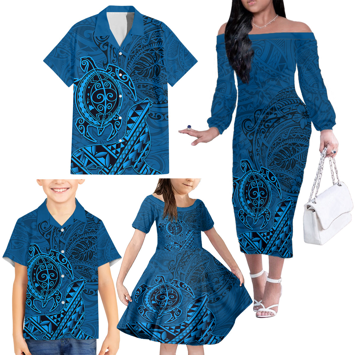 Hawaii Monk Seal and Dolphin Family Matching Off The Shoulder Long Sleeve Dress and Hawaiian Shirt Polynesian Kakau Pattern Blue LT03 - Polynesian Pride