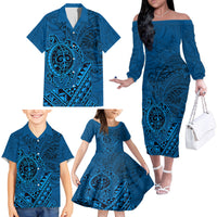 Hawaii Monk Seal and Dolphin Family Matching Off The Shoulder Long Sleeve Dress and Hawaiian Shirt Polynesian Kakau Pattern Blue LT03 - Polynesian Pride