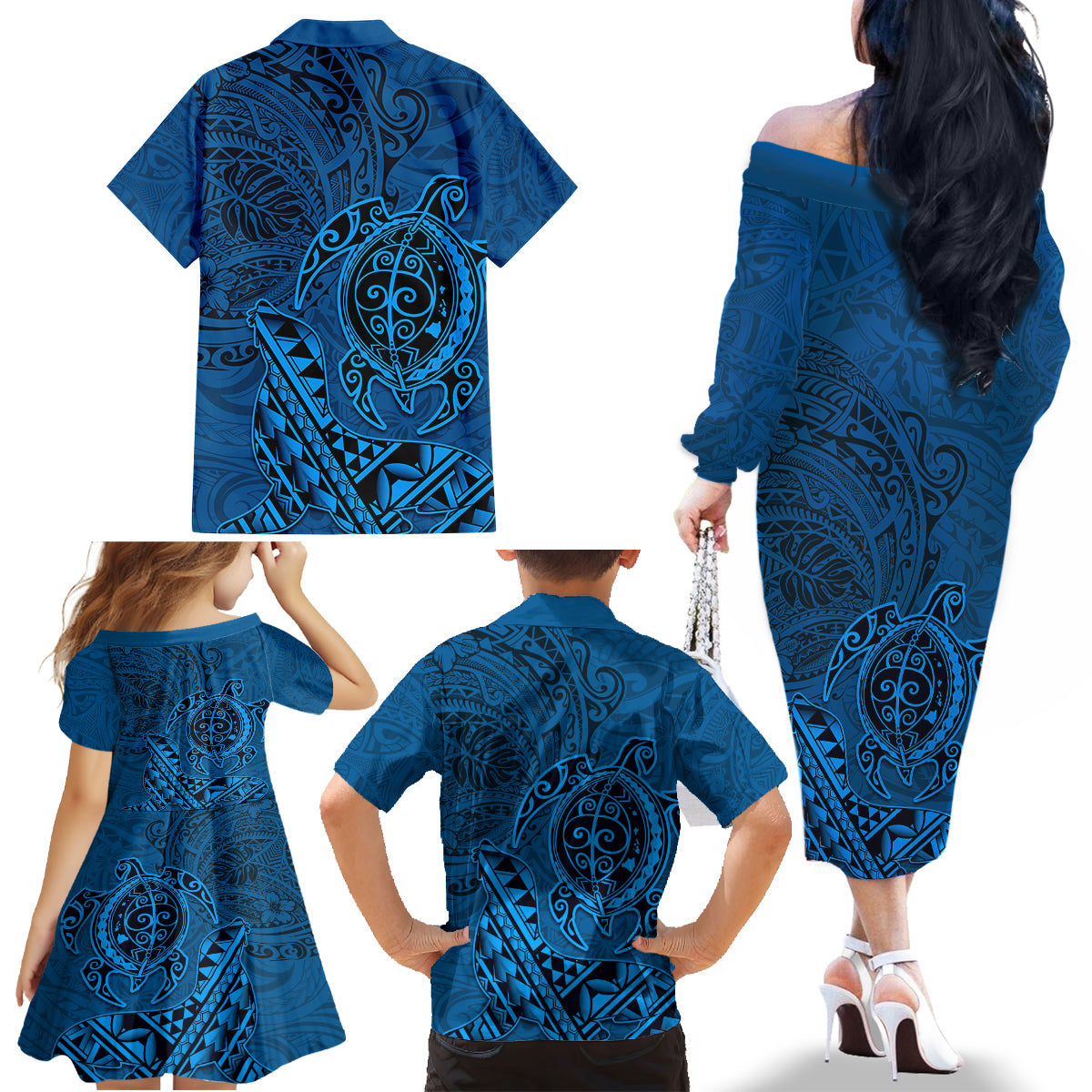 Hawaii Monk Seal and Dolphin Family Matching Off The Shoulder Long Sleeve Dress and Hawaiian Shirt Polynesian Kakau Pattern Blue LT03 - Polynesian Pride