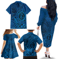 Hawaii Monk Seal and Dolphin Family Matching Off The Shoulder Long Sleeve Dress and Hawaiian Shirt Polynesian Kakau Pattern Blue LT03 - Polynesian Pride