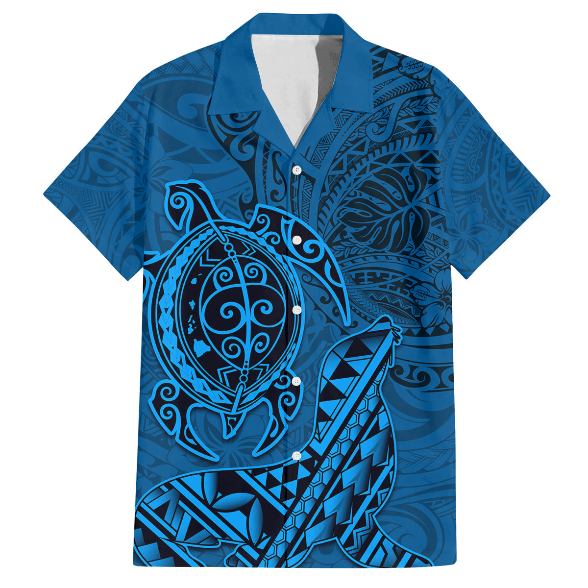 Hawaii Monk Seal and Dolphin Family Matching Off The Shoulder Long Sleeve Dress and Hawaiian Shirt Polynesian Kakau Pattern Blue LT03 Dad's Shirt - Short Sleeve Blue - Polynesian Pride