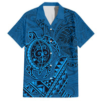 Hawaii Monk Seal and Dolphin Family Matching Off The Shoulder Long Sleeve Dress and Hawaiian Shirt Polynesian Kakau Pattern Blue LT03 Dad's Shirt - Short Sleeve Blue - Polynesian Pride
