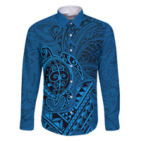 Hawaii Monk Seal and Dolphin Family Matching Off The Shoulder Long Sleeve Dress and Hawaiian Shirt Polynesian Kakau Pattern Blue LT03 Dad's Shirt - Long Sleeve Blue - Polynesian Pride