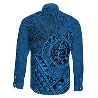 Hawaii Monk Seal and Dolphin Family Matching Off The Shoulder Long Sleeve Dress and Hawaiian Shirt Polynesian Kakau Pattern Blue LT03 - Polynesian Pride