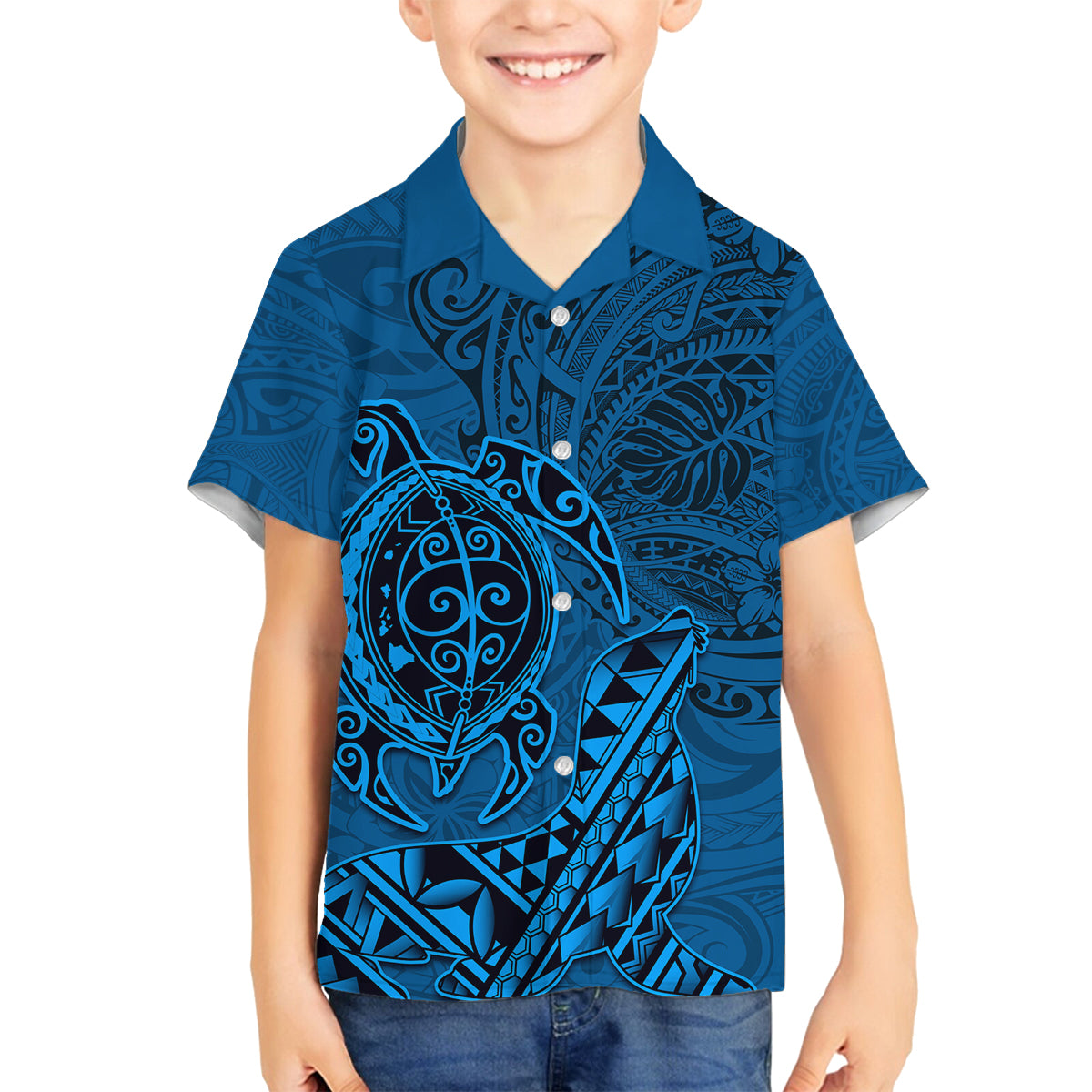 Hawaii Monk Seal and Dolphin Family Matching Summer Maxi Dress and Hawaiian Shirt Polynesian Kakau Pattern Blue
