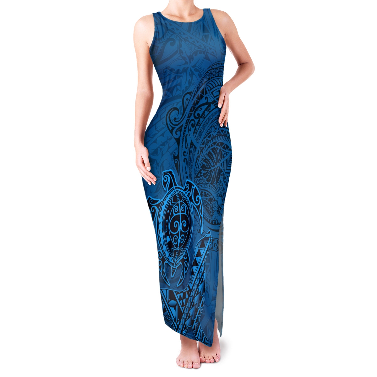 Hawaii Monk Seal and Dolphin Family Matching Tank Maxi Dress and Hawaiian Shirt Polynesian Kakau Pattern Blue