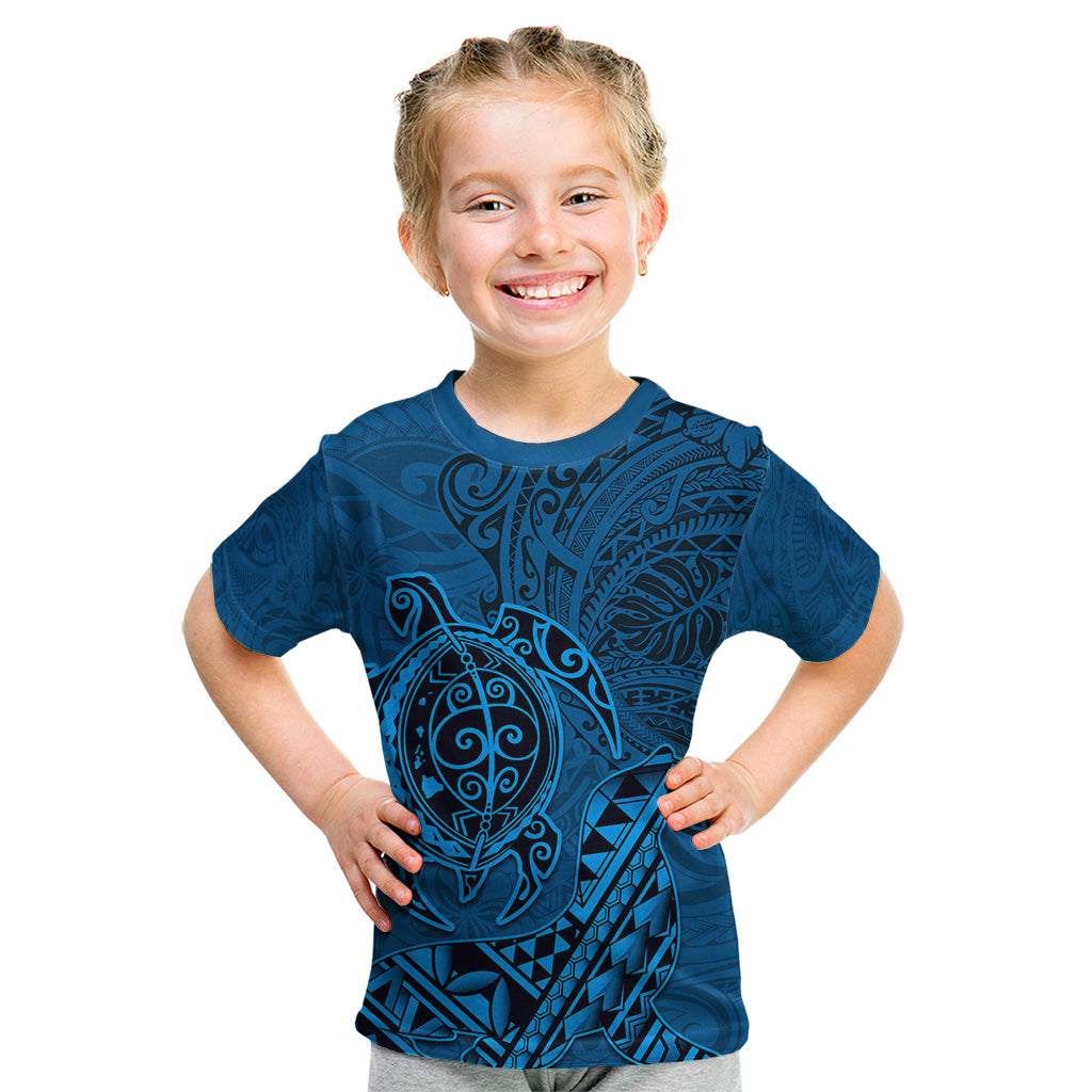 Hawaii Monk Seal and Dolphin Kid T Shirt Polynesian Kakau Pattern Blue