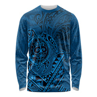 Hawaii Monk Seal and Dolphin Long Sleeve Shirt Polynesian Kakau Pattern Blue
