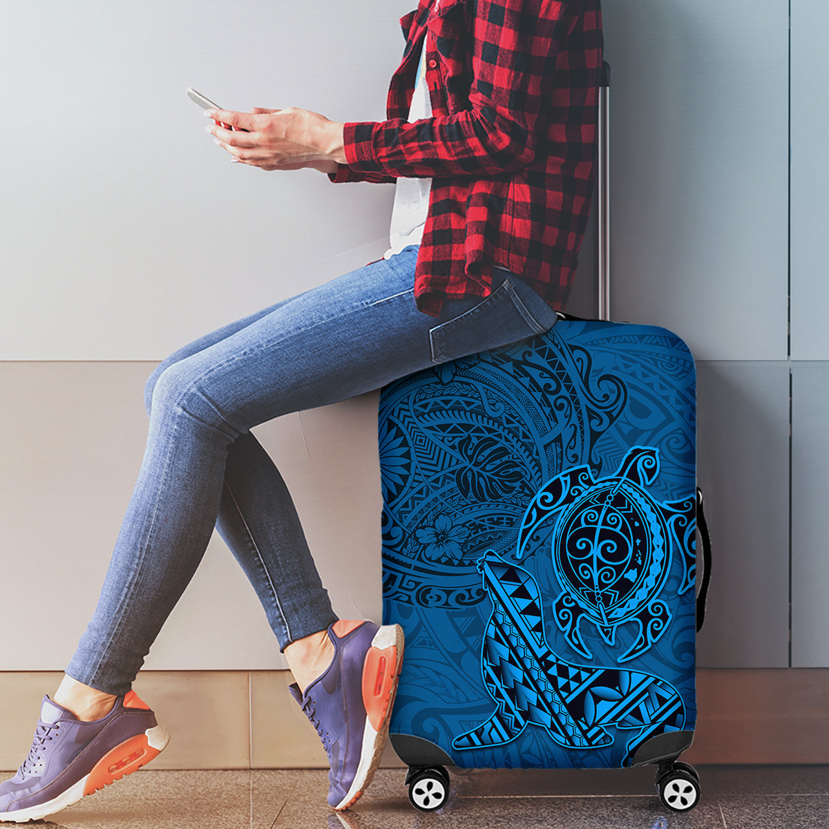 Hawaii Monk Seal and Dolphin Luggage Cover Polynesian Kakau Pattern Blue