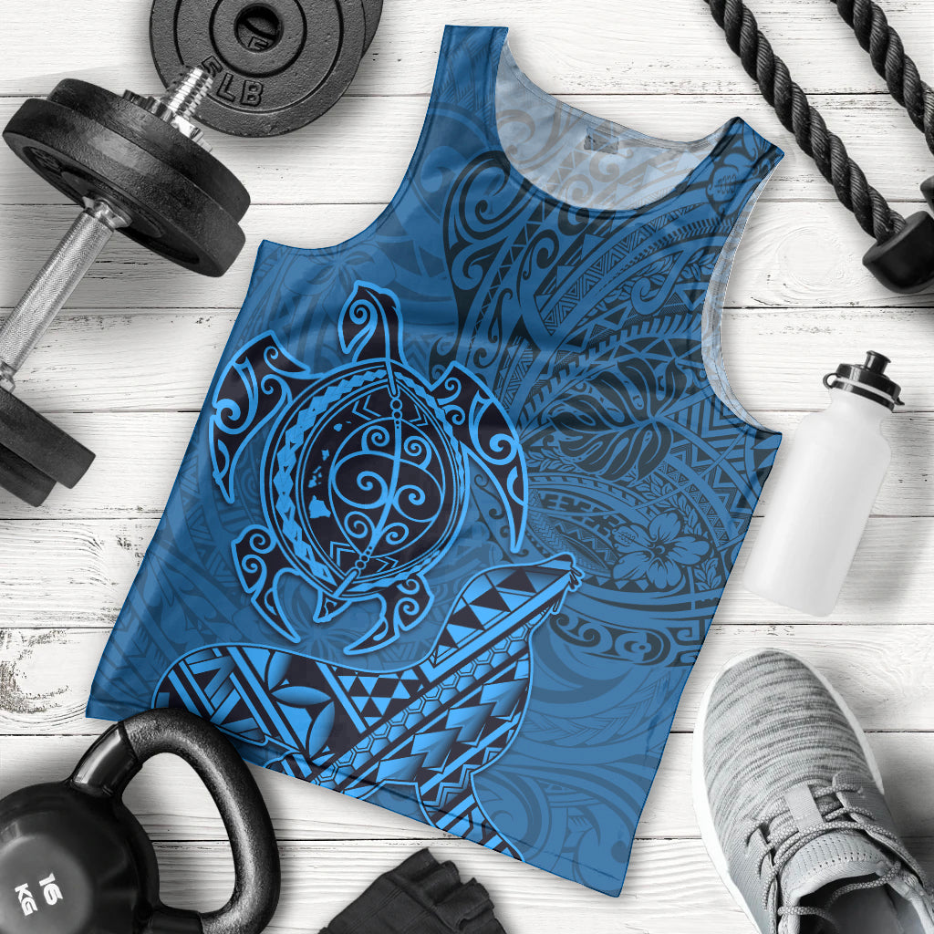 Hawaii Monk Seal and Dolphin Men Tank Top Polynesian Kakau Pattern Blue