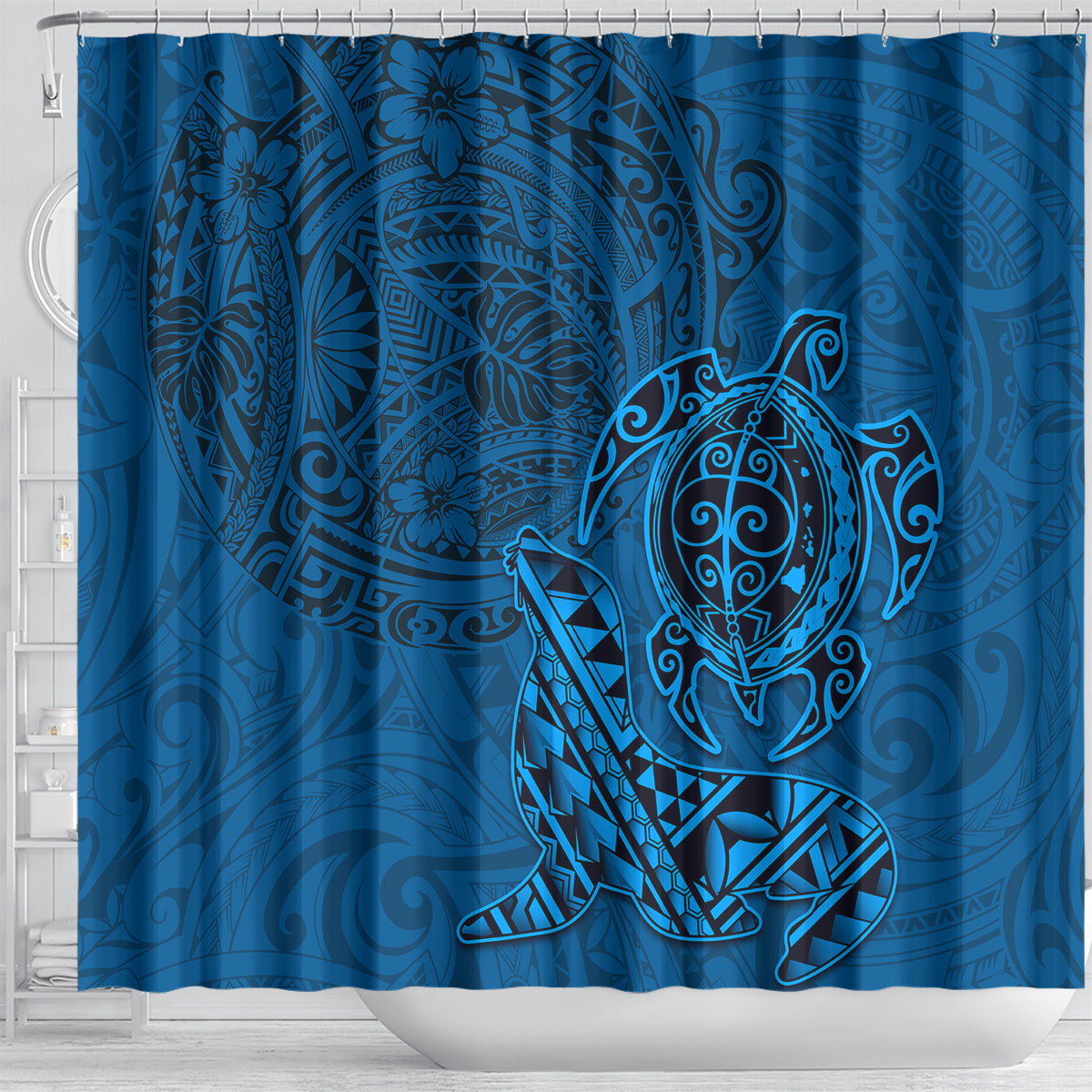 Hawaii Monk Seal and Dolphin Shower Curtain Polynesian Kakau Pattern Blue