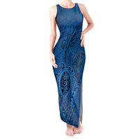 Hawaii Monk Seal and Dolphin Tank Maxi Dress Polynesian Kakau Pattern Blue