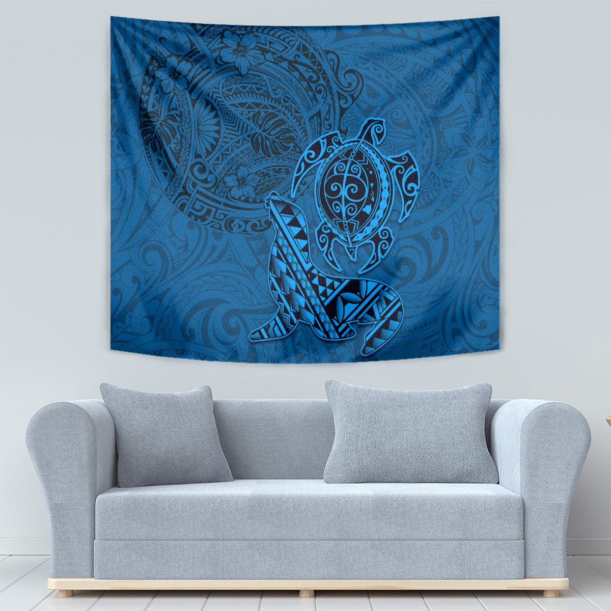 Hawaii Monk Seal and Dolphin Tapestry Polynesian Kakau Pattern Blue