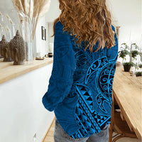 Hawaii Monk Seal and Dolphin Women Casual Shirt Polynesian Kakau Pattern Blue