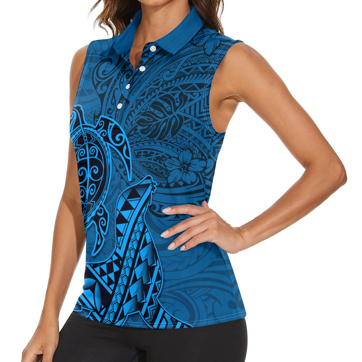 Hawaii Monk Seal and Dolphin Women Sleeveless Polo Shirt Polynesian Kakau Pattern Blue
