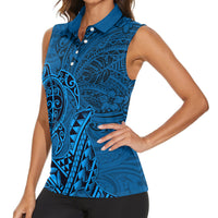 Hawaii Monk Seal and Dolphin Women Sleeveless Polo Shirt Polynesian Kakau Pattern Blue