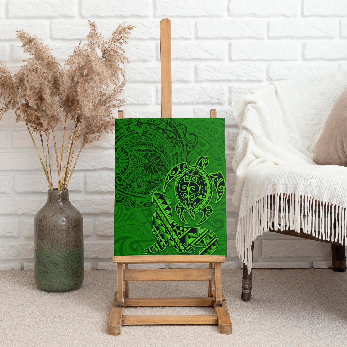 Hawaii Monk Seal and Dolphin Canvas Wall Art Polynesian Kakau Pattern Green
