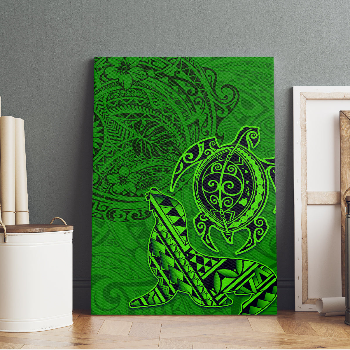 Hawaii Monk Seal and Dolphin Canvas Wall Art Polynesian Kakau Pattern Green