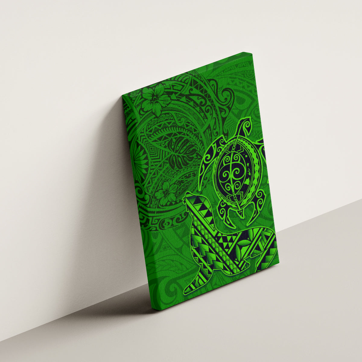 Hawaii Monk Seal and Dolphin Canvas Wall Art Polynesian Kakau Pattern Green