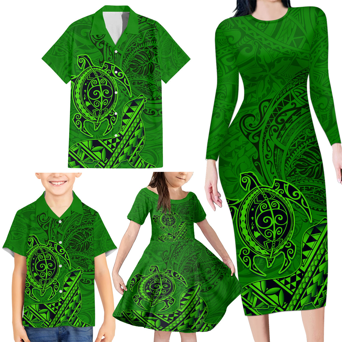 Hawaii Monk Seal and Dolphin Family Matching Long Sleeve Bodycon Dress and Hawaiian Shirt Polynesian Kakau Pattern Green LT03 - Polynesian Pride