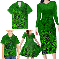 Hawaii Monk Seal and Dolphin Family Matching Long Sleeve Bodycon Dress and Hawaiian Shirt Polynesian Kakau Pattern Green LT03 - Polynesian Pride